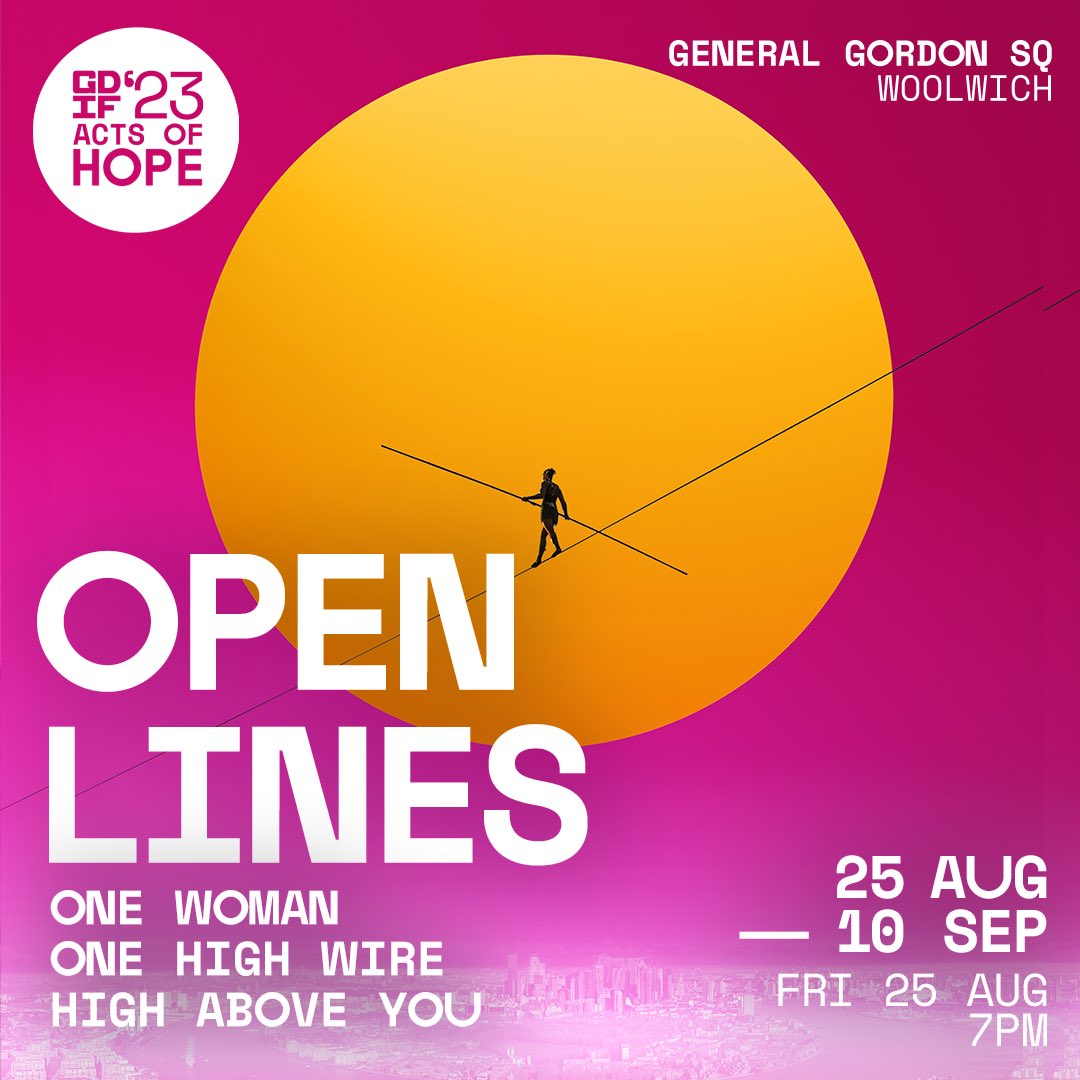 GDIFestival's tweet photo. Open Lines: High-wire walking above the city, defying gravity and thrilling your senses! 

Catch her TOMORROW (25 August)! 🤸🏽‍♀️ https://t.co/DcEMgHygbV