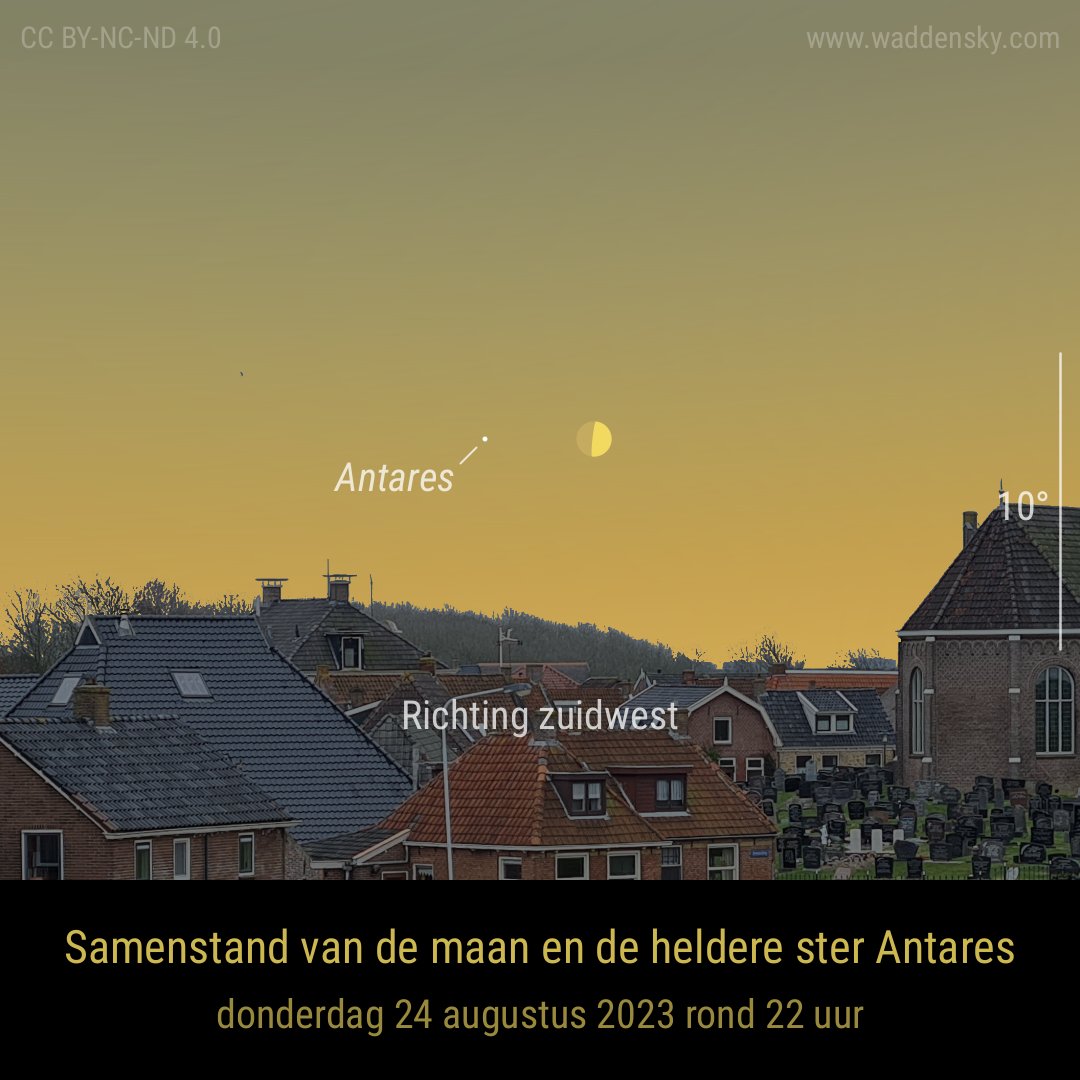 Een samenstand van de maan en de heldere ster Antares: op vrijdag 25 augustus rond 4 uur bevinden de hemelobjecten zich op minder dan 2 graden van elkaar. Bekijk deze samenstand donderdag rond 22 uur. #conjunctie #samenstand #maan #antares #ster #planeet
