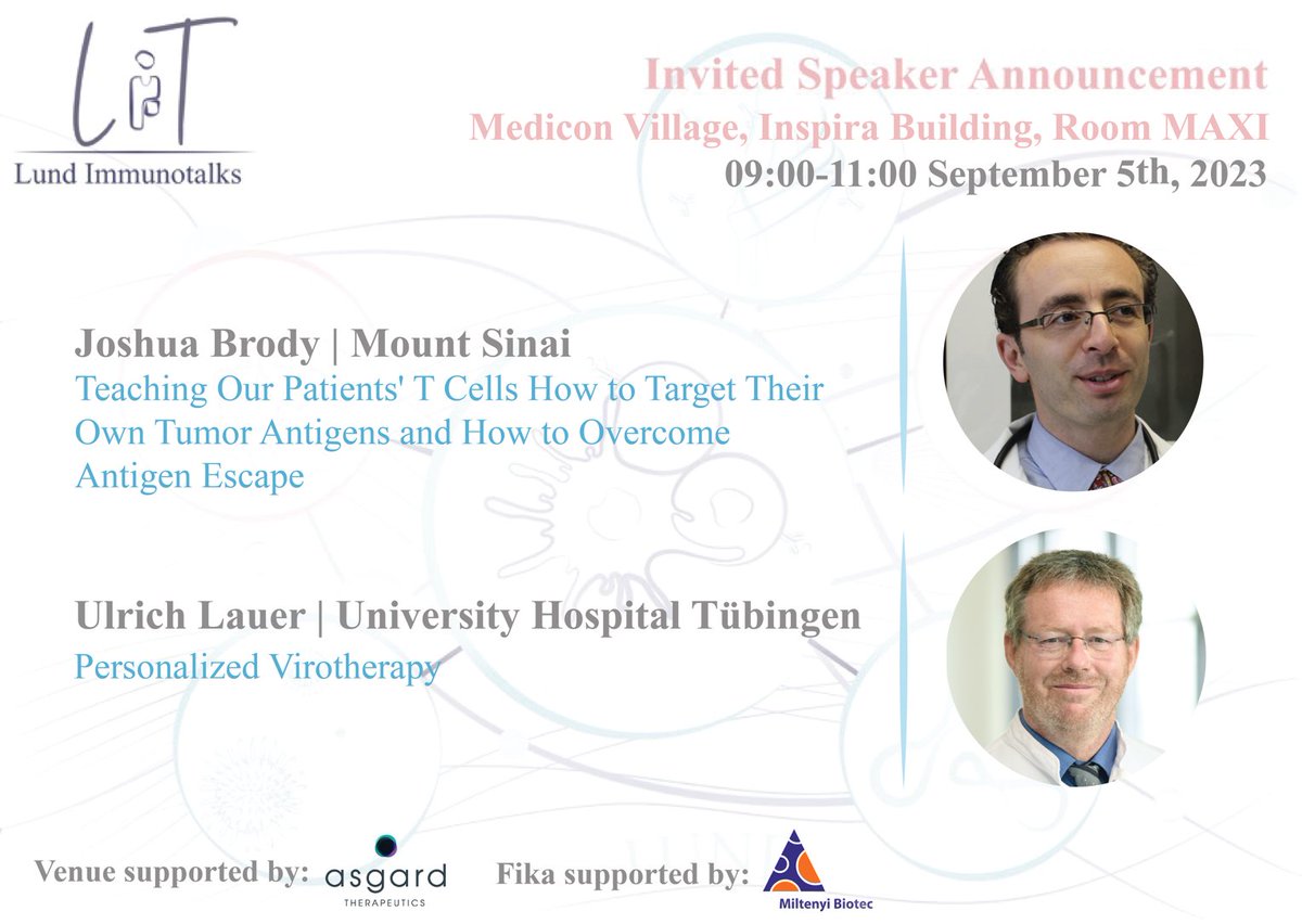 Get ready for an energizing start to the semester with #LUimmunotalks! Sept 5, we are discussing the journey to the clinic in immunology. We're thrilled to feature two distinguished guest speakers: <a href="/JoshuaBrodyMD/">Joshua Brody, MD</a> and Ulrich Lauer. <a href="/Lund_Stem/">Lund Stem Cell Center</a> @LuWcmm <a href="/AsgardThx/">Asgard Therapeutics</a> <a href="/miltenyibiotec/">Miltenyi Biotec</a>