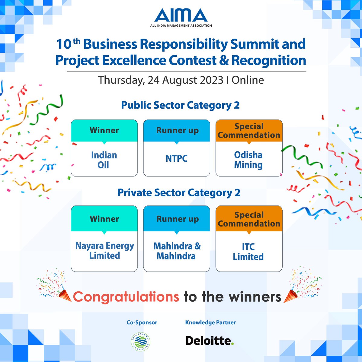 AIMA organised its 10th edition of its ‘Business Responsibility Summit &amp; Project Excellence Contest &amp; Recognition’ virtually today. 

The Summit was deliberated by eminent Speakers like- <a href="/anshugoonj/">Anshu Gupta</a>; <a href="/ArunodyaTyagi/">Shailesh Tyagi</a>; <a href="/ashwini_saxena/">ashwini saxena</a>; <a href="/Gayatrisubrama/">Gayatri subramaniam</a>; <a href="/mamtasaikia/">Mamta Saikia</a>; <a href="/NidhiPundhir08/">Dr. Nidhi Pundhir</a>