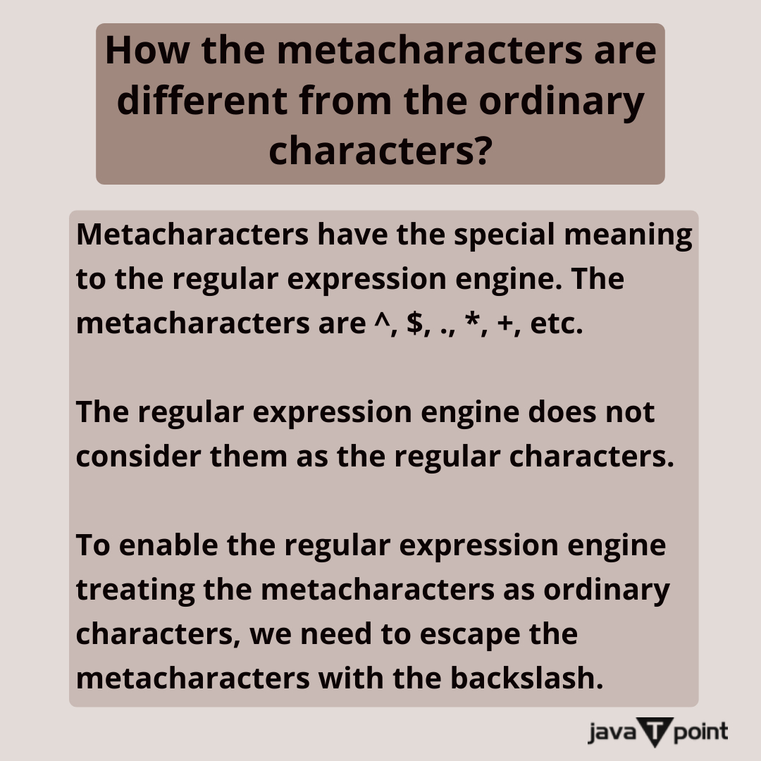 Bhavana83491661's tweet image. How the metacharacters are different from the ordinary characters?
.
.
.
.
for more questions about Java
bit.ly/3kw8py6
check the above link
.
.
.
.
#string #stringbuffer #stringbuilder #trycatch #exception #interface #class #package  #methodoverloading #javatpoin