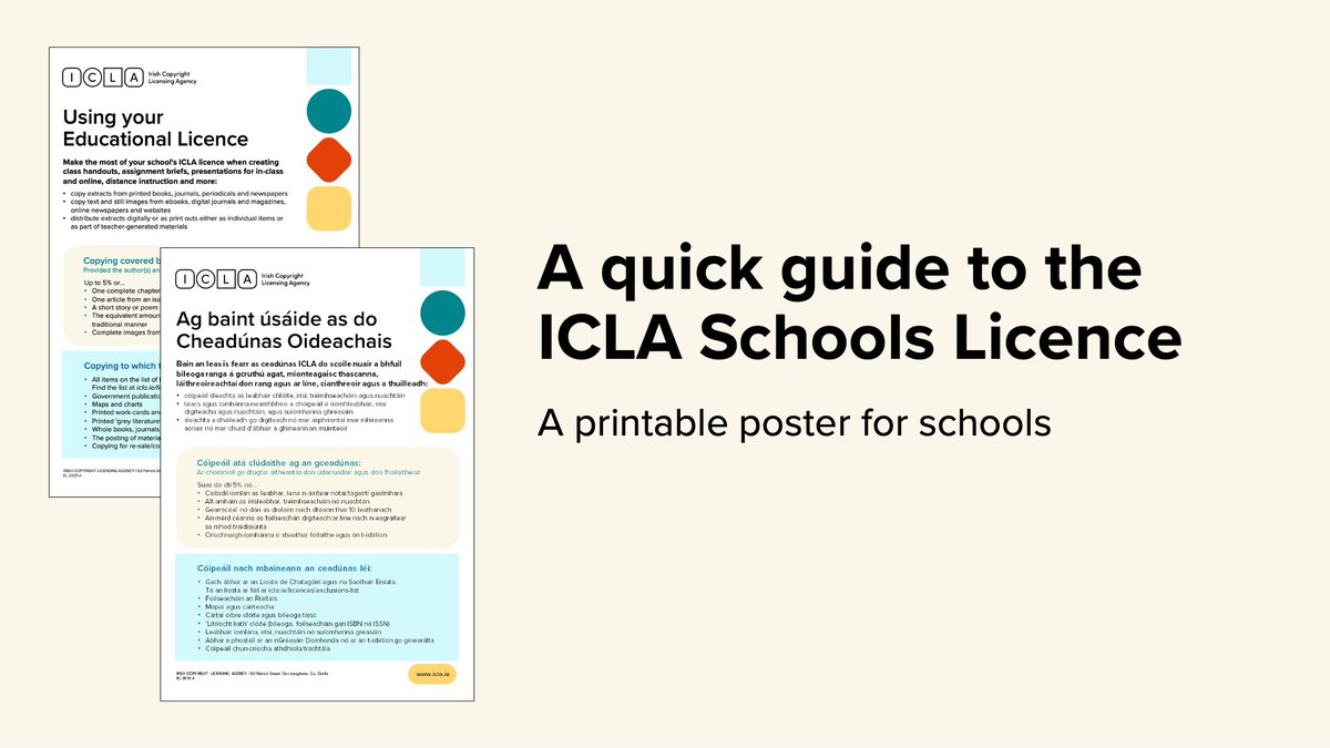 This poster is a quick guide to the ICLA Schools Licence. Available in English and Irish. Find it in our Resource Hub:
icla.ie/resource-hub/r…
#EdChatIE