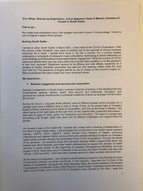 EgbeyemiJulius's tweet photo. Tomorrow is my last day as Canada's Chargé d'Affaires in South Sudan. Wanted to share some reflections on my time here. Ma Salam Kum. O digba. Au revoir. Goodbye.
@CanSouthSudan; https://t.co/w1UVFib4Px