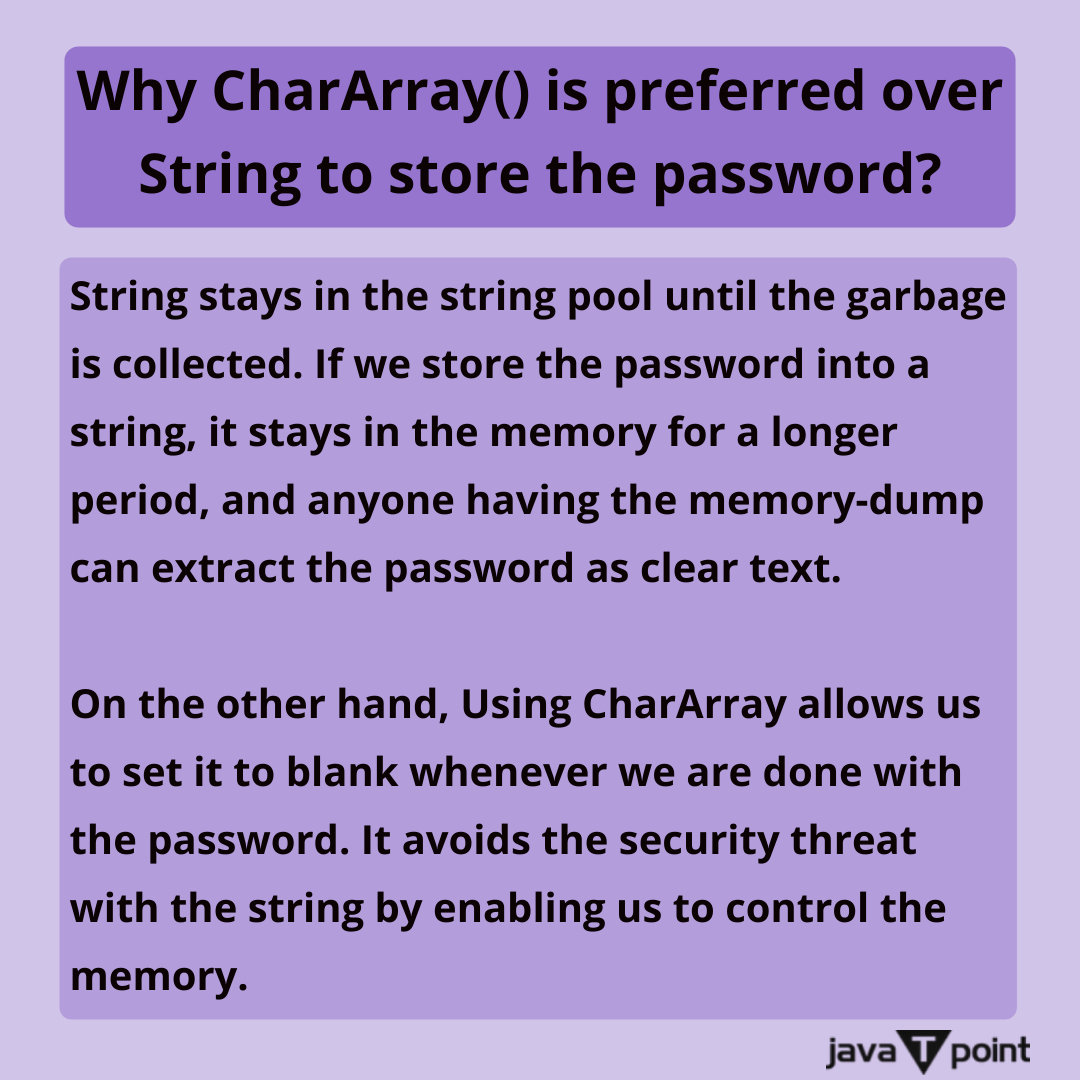 Bhavana83491661's tweet image. Why CharArray() is preferred over String to store the password?
.
.
.
.
for more questions about Java
bit.ly/3kw8py6
check the above link
.
.
.
.
#string #stringbuffer #stringbuilder #trycatch #exception #interface #class #package #inheritance #javatpoint