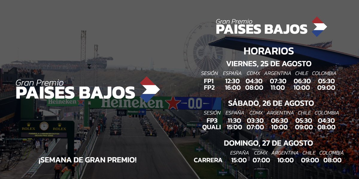 victorabadf1's tweet photo. 🏁 H O R A R I O S 🏁

Se acabó la espera. Se acabó el parón veraniego de la F1. Volvemos al ruedo.

A partir de mañana regresa la acción en casa del líder. Territorio Verstappen. Gran Premio de los Países Bajos 🇳🇱. Doble himno nacional.

Comparte los horarios, salva una vida. https://t.co/QUHcX82gfH