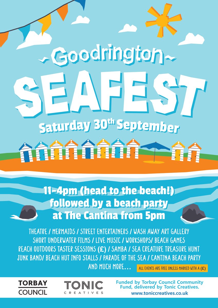A reminder that the first ever Goodrington Seafest is coming on Saturday 30 September to celebrate the sea, out natural environment and the end of summer!

See you on the beach! 

To find out more visit: toniccreatives.co.uk/our-work/seafe…