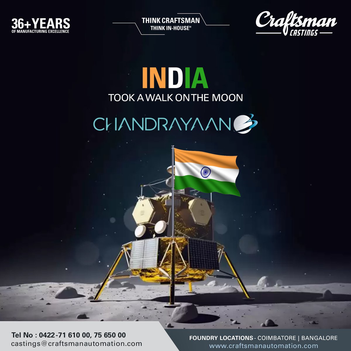 Casti1Craftsman's tweet photo. If creating milestones is an art, then India is the artist. We congratulate ISRO and the team for achieving the remarkable feat of successfully landing the #Chandrayaan3 on the Moon.

 #Chandrayaan3Landing #VikramLander #ISRO #IndiaOnTheMoon #ISROMission #craftsmancastings https://t.co/KgD8gnw50X