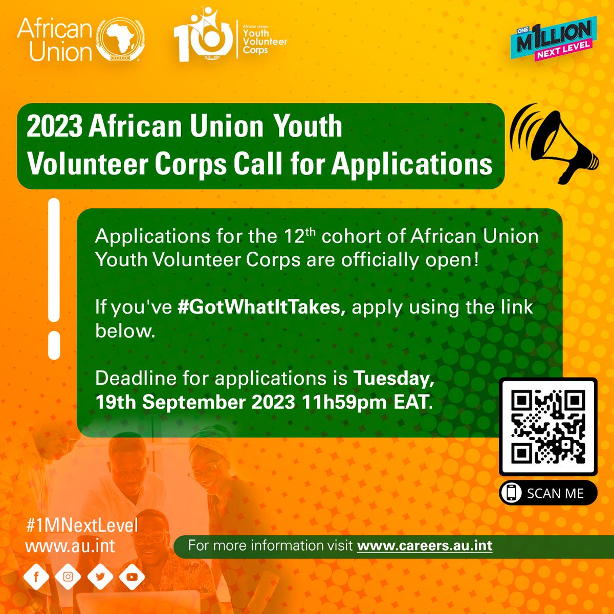 An exciting opportunity for young Africans! Apply to join our leadership program and contribute to the continent's development. 
Don't wait until the deadline - scan the QR code or send in your application via this link today: t.ly/RytDx!
#1mNextLevel #GotWhatItTake