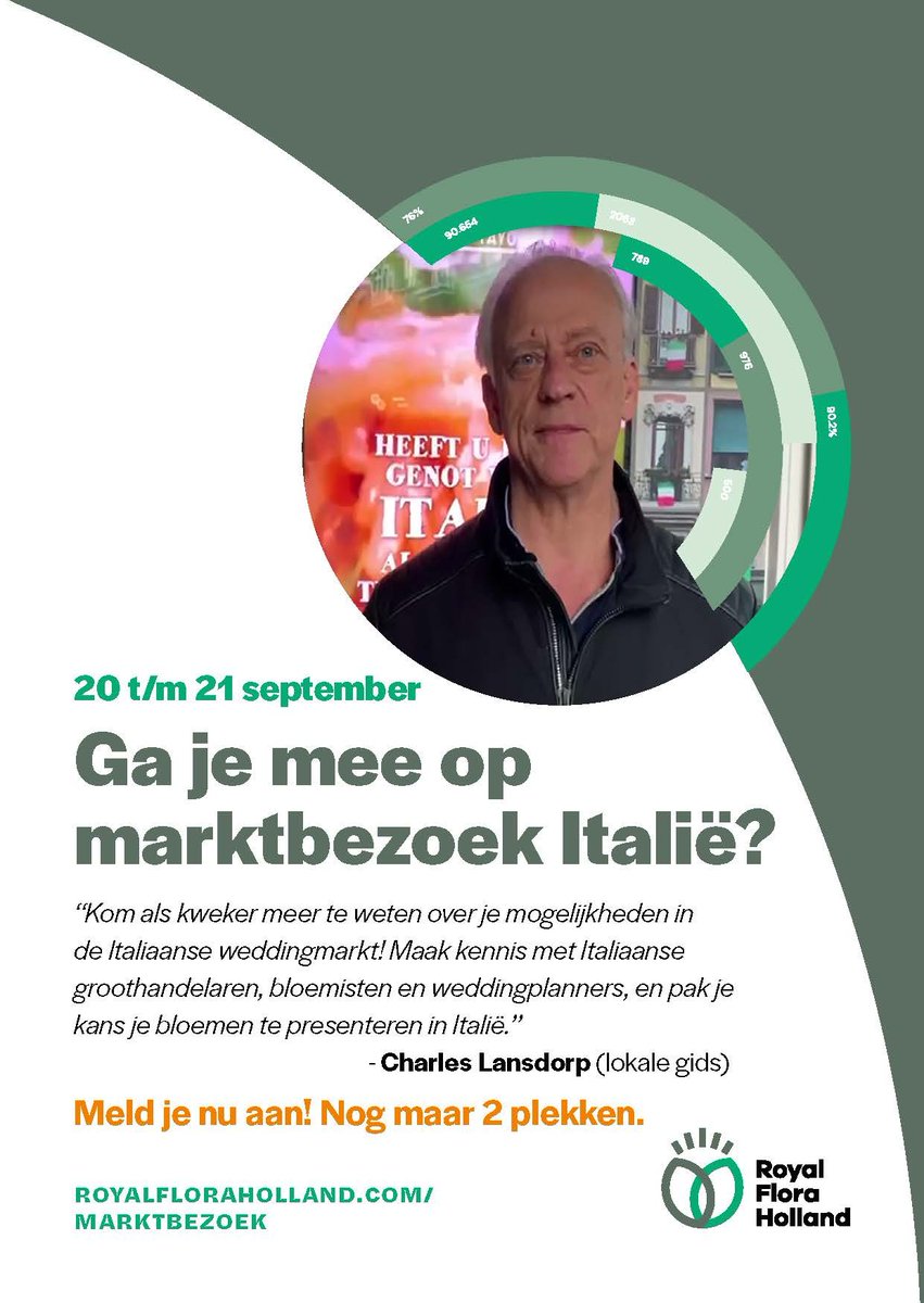 Wil je meer te weten komen over de mogelijkheden voor jouw bloemen in Italië, met name op de weddingmarkt? Onze lokale gids Charles Lansdorp neemt je 20 en 21 september mee en vertelt je alvast wat je kunt verwachten. Meld je nu aan! royalfloraholland.com/aanvoeren/mark…
