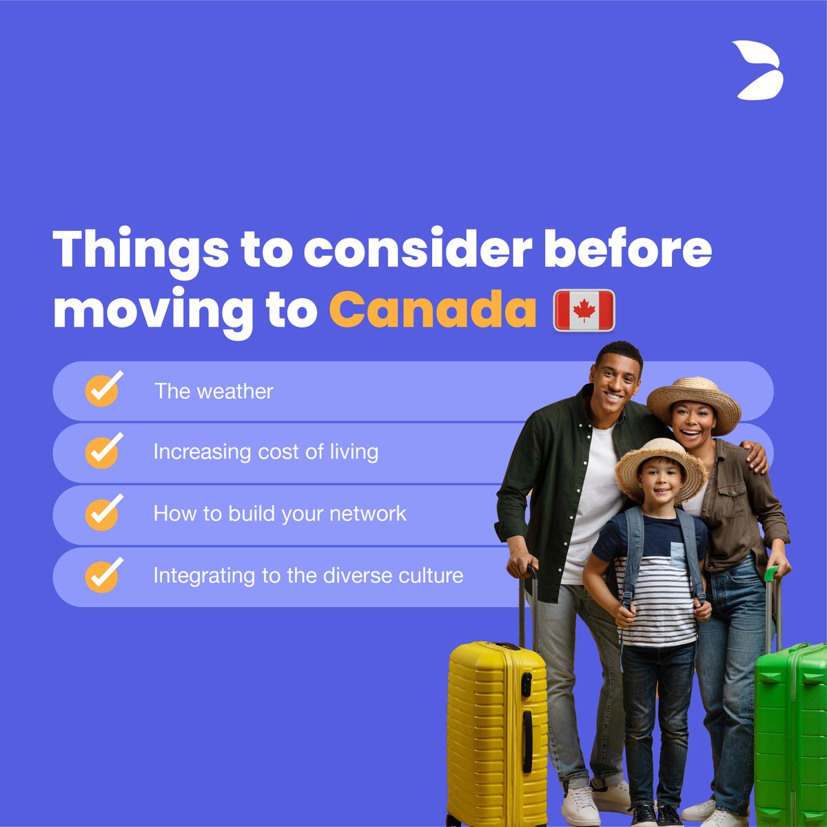 Moving to Canada is an exciting endeavour, but it's essential to consider several factors to ensure a smooth transition and successful settlement.

Here are some key things to think about before making a move:

#MovingToCanada #BlaaizRemit #NewBeginnings