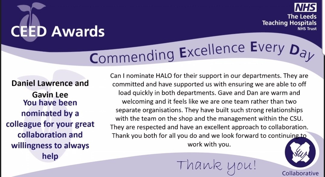 The #LeedsHALO team has received a #CEEDAward from <a href="/LeedsHospitals/">Leeds Teaching Hospitals</a>
What an awesome achievement. Thank you so much <a href="/MyiED/">Leeds Emergency Departments</a> for the support and nomination. Here is to the future relationship of Ambulance Service and Hospitals. #oneteam #YASHALO #LTHT  #Leeds <a href="/YorksAmbulance/">Yorkshire Ambulance</a>