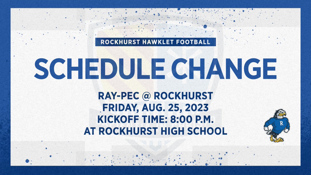 Rockhurst Football Update!

Kickoff time for tomorrow's home opener against Ray-Pec has been moved to 8:00 p.m. Any additional updates will be communicated. Rock State!