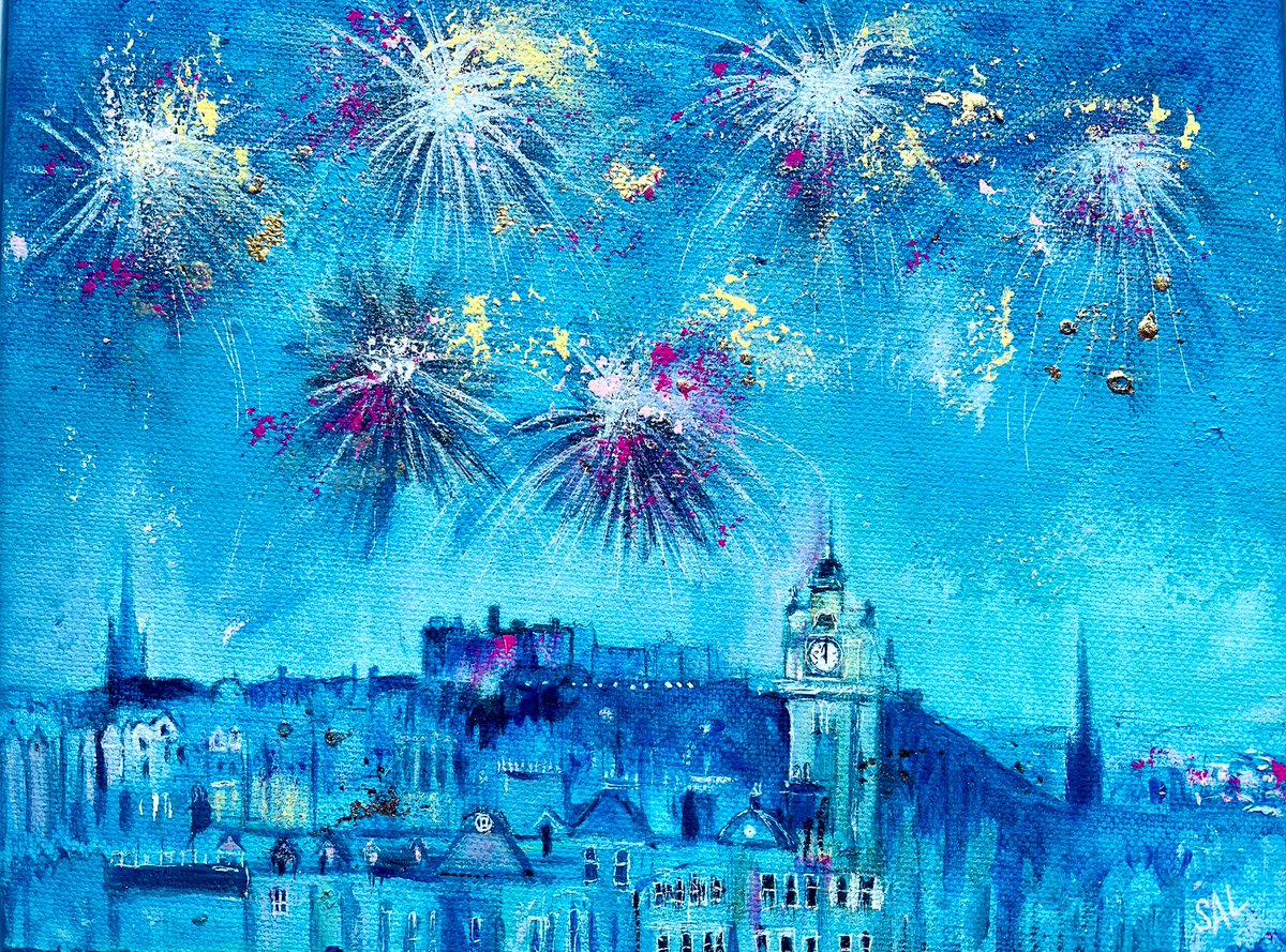 ‘Shimmery Sky- Fireworks from Edinburgh Castle’ Listed in my shop shona-lenaghan-art.sumupstore.com #edinburghcastle #hogmanany #edinburghtattoo #buyartonline #colourfulart