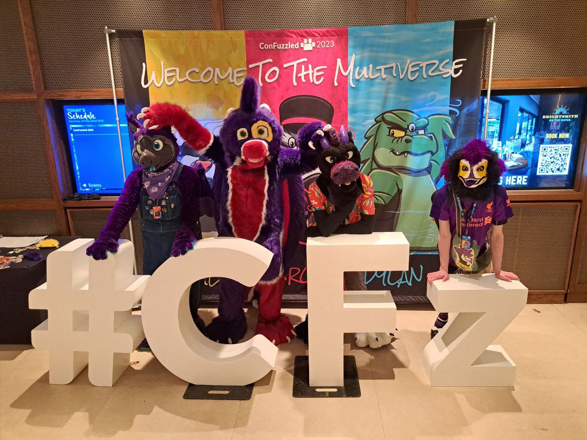 MetalGearHazumu's tweet photo. @Pineappl3_Tiger @AshTheHellHxund @Noha_Kitsune @CyndroStarFire @Gumdrop_Dragon The Purple Squad at the #CFz sign
With @CyndroStarFire and @Gumdrop_Dragon
#ConFuzzled #ConFuzzled2023 #CFz2023 #CFz23 #RaptorMask #Furry #Fursuit #Fursuiter #FurryFandom #FurryCommunity #Fursona https://t.co/XEJsnrR8Ch
