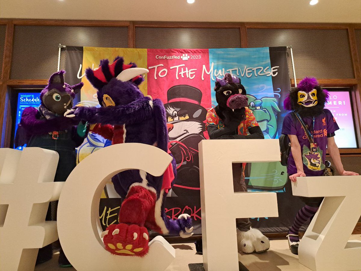 MetalGearHazumu's tweet photo. @Pineappl3_Tiger @AshTheHellHxund @Noha_Kitsune @CyndroStarFire @Gumdrop_Dragon The Purple Squad at the #CFz sign
With @CyndroStarFire and @Gumdrop_Dragon
#ConFuzzled #ConFuzzled2023 #CFz2023 #CFz23 #RaptorMask #Furry #Fursuit #Fursuiter #FurryFandom #FurryCommunity #Fursona https://t.co/XEJsnrR8Ch