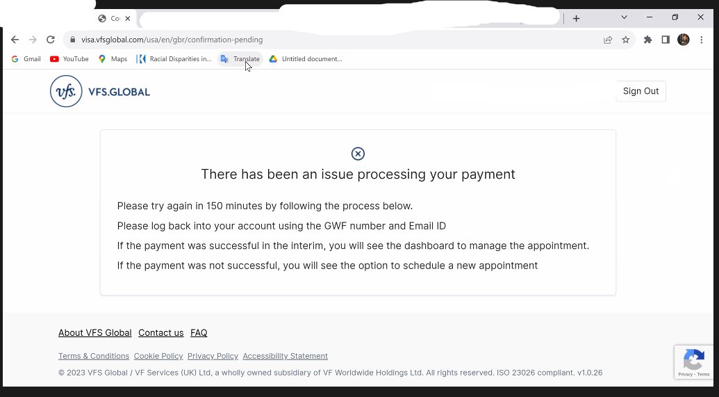rosa_ess's tweet photo. @VFSGlobal  Our students continue to report problems booking appointments in the US. Please provide advice on the error message below. The IHS and visa application fee has been taken from the student's account. The screen has not refreshed in over 24 hours (despite 150 mins ref) https://t.co/vXnaUDLbRo