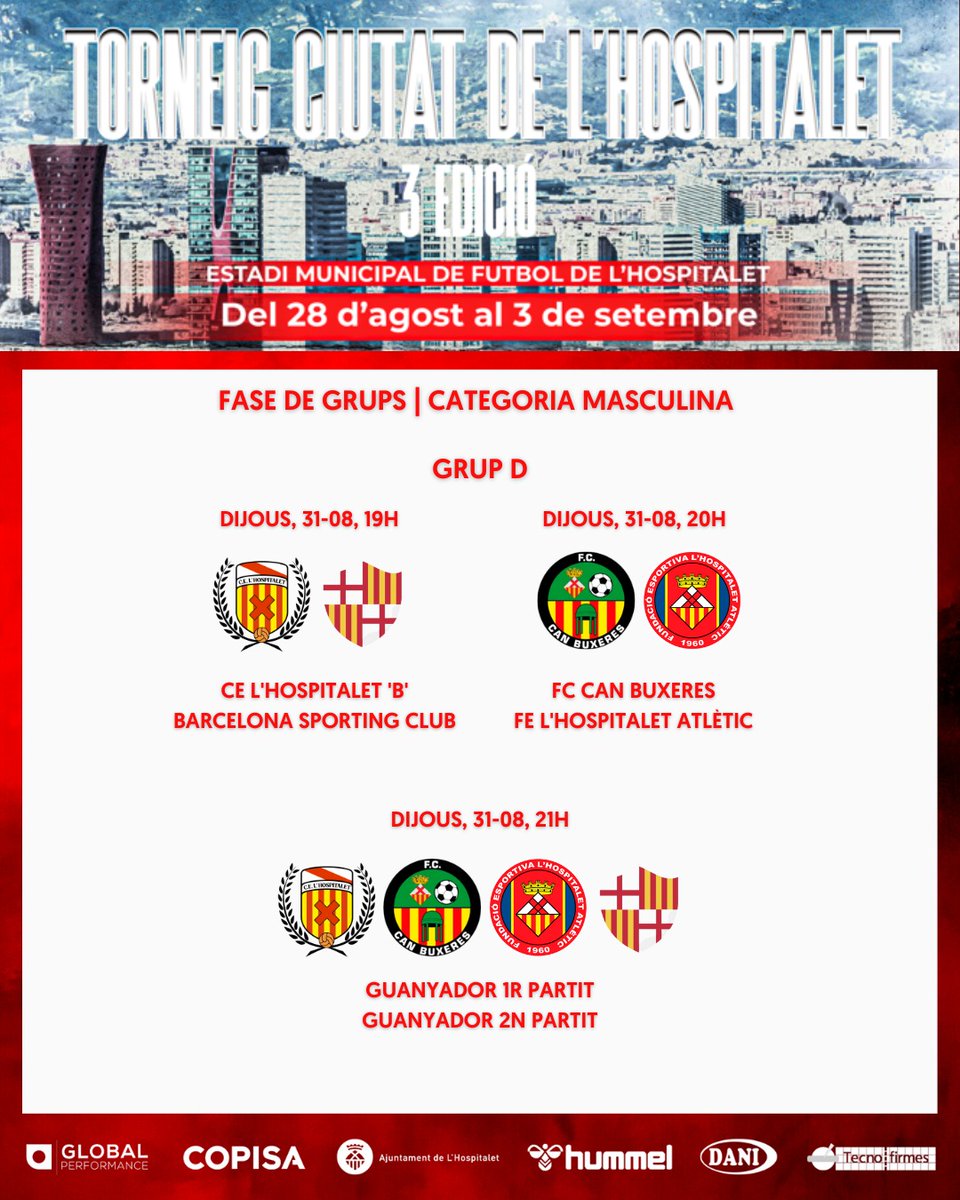 [HORARIS]

⏰️ Aquí teniu els horaris definitius de la fase de grups de categoria masculina del Torneig 'Ciutat de L'Hospitalet', que comença dilluns vinent.

#TCLH23 #FutbolLH