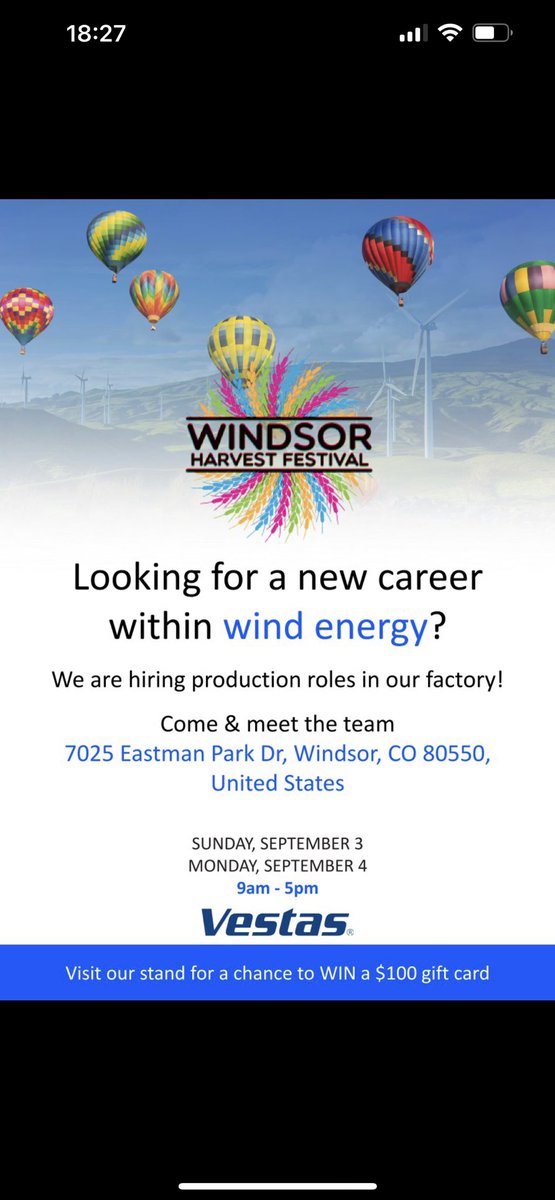 ERSGWind's tweet photo. Come &amp; meet our team on September 3&amp;4th at the Windsor Harvest Festival in Colorado for a chance to WIN a $100 gift card!

#eventscolorado #windsorharvestfestival https://t.co/zsyGDi2Lnz