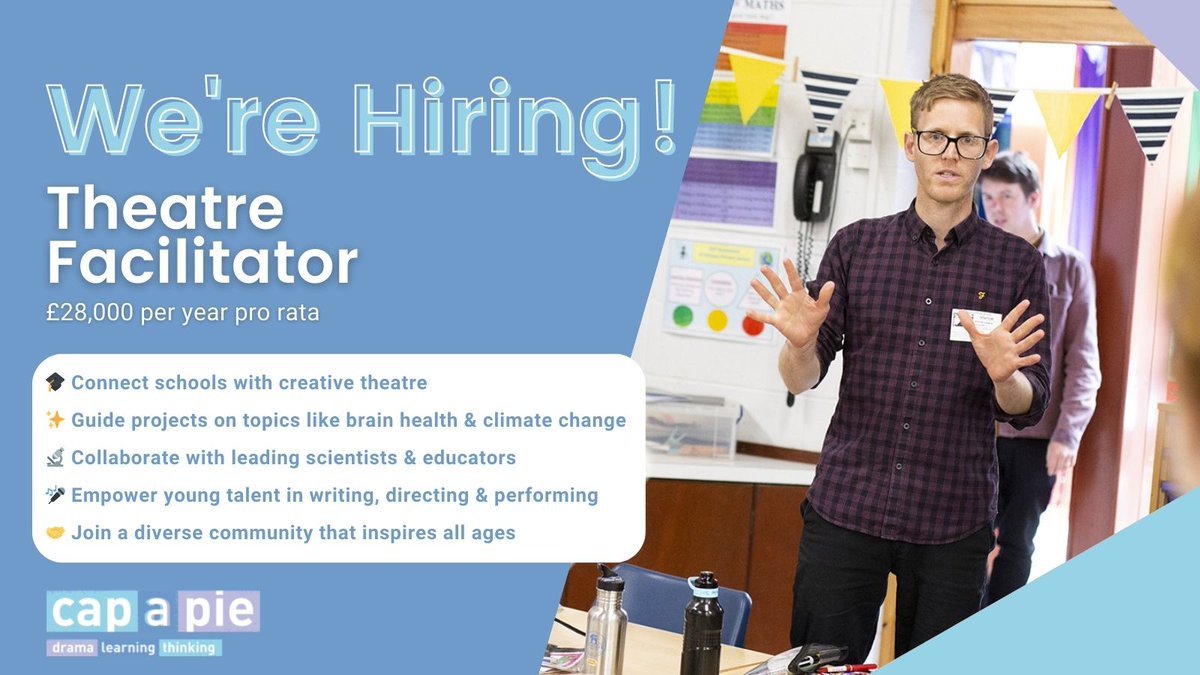 ✨Deadline 8th Sep 5pm! ✨ We are hiring a Theatre Facilitator! Dive into projects ranging from brain health to climate change for KS1 & KS2 students. Salary: £28,000 pro rata. Find out more: cap-a-pie.co.uk/opportunities/ #TheatreJobs #HiringNow