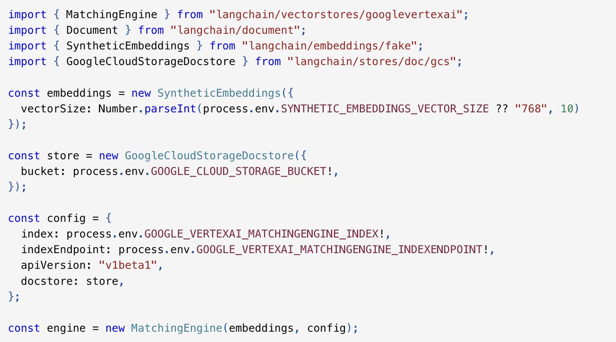 🚂 Google Vertex Matching Engine 🚂

Just in time for Google Cloud Next, you can now integrate the powerful, enterprise-focused Matching Engine as a vector store in your @LangChainAI JS chains and retrieval workflows!

Awesome contribution @afirstenberg!

js.langchain.com/docs/modules/d…