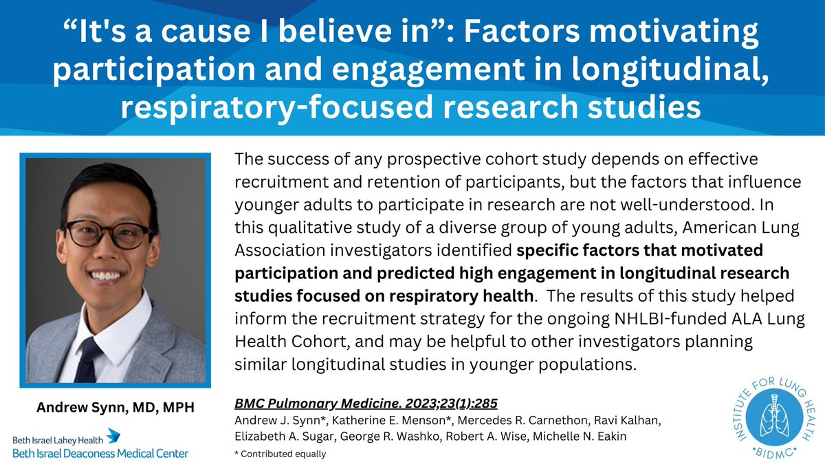What factors can help improve recruitment of younger adults for longitudinal, respiratory-focused studies? This paper in BMC Pulmonary Medicine (by ILH's @AndrewSynnMD & colleagues) identified key themes that resonated with a diverse group of Millennials to help plan your study.