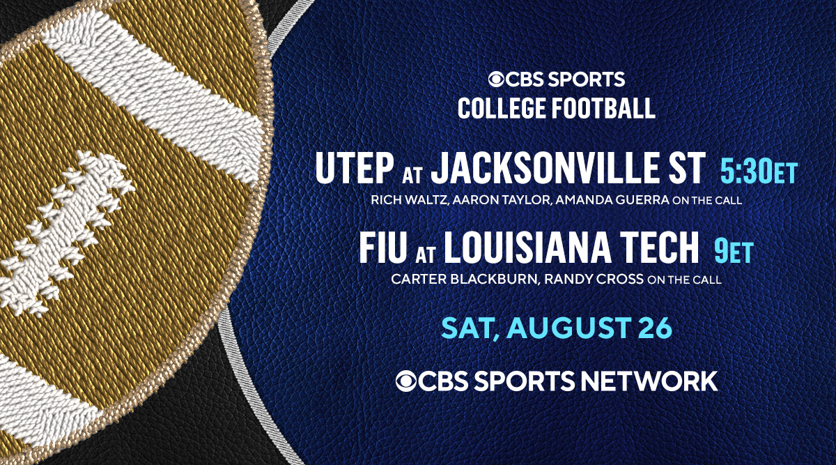 CBSSportsGang's tweet photo. COLLEGE FOOTBALL IS BACK! 

Catch a week 0 doubleheader Saturday on @CBSSportsNet starting at 5:30 PM, ET

@utepfb at @JSUGamecockFB 
@RichWaltz, @AaronTaylorCFB, @AmandaGuerraCBS 

@FIUFootball at @LATechFB 
@CarterCBS, @randycrossFB https://t.co/3zJ3Y20QAn