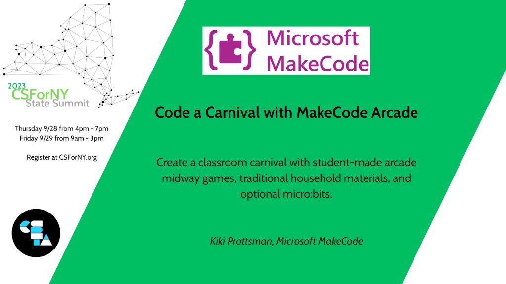 We're headed your way, New York! 

Come join us virtually and learn how to use Code a Carnival in your classroom.  

Thursday, 9/8 from 5-6pm EDT

#CSforNY #CSisFun #MakeCodeArcade