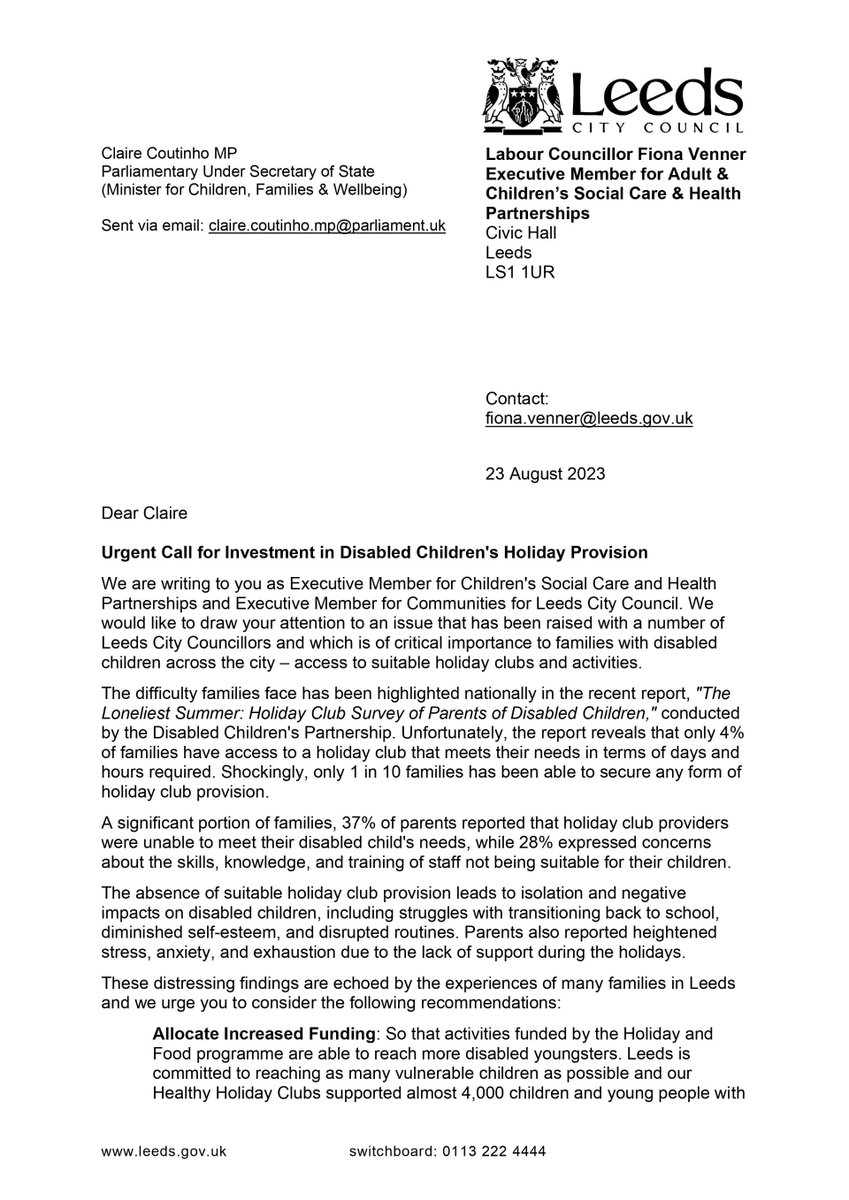FionaVenner's tweet photo. I've written with @cllr_harland  to Children's Minister @ClaireCoutinho about the desperate need for accessible holiday clubs &amp; activities for children with additional needs &amp; disabilities. Shocking &amp; unfair that only 1 in 10 families were able to secure any provision this summer https://t.co/T9htV8V9wc
