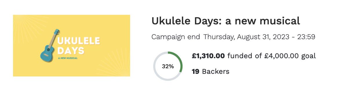 Big thanks to everyone who has contributed to the <a href="/UkuleleDays/">Ukulele Days</a> crowdfunding campaign! 💛

We’ve raised over £1300 for the development of the show this autumn, with one more week to reach our goal. 

If you can help, please check out the info &amp; rewards:

greenlit.com/project/ukulel…