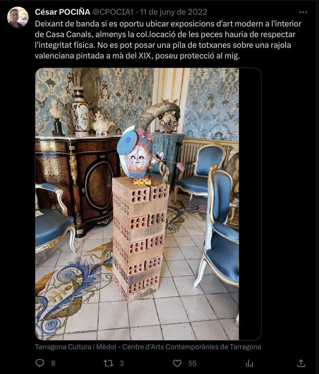 EsborronaT's tweet photo. @HermanPinedo90 Deixant de banda si es oportú ubicar exposicions d’art modern a tocar del Pretori, al menys la col.locació de les peces hauria de respectar l’integritat física. No es pot posar una pila de merda a tocar d’un edifici del segle I d.C., poseu protecció al mig. @CPOCIA1 
#assessorant https://t.co/FZWxAzhTrH