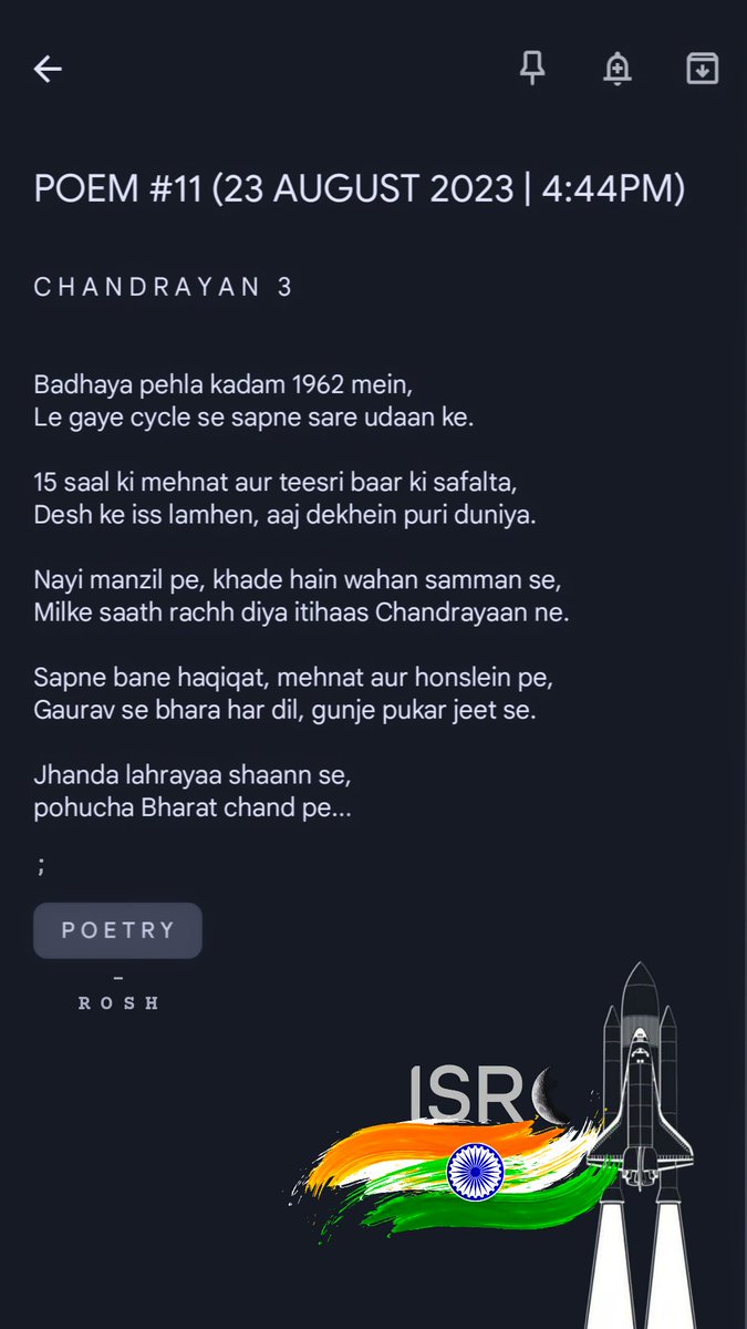 ro5hanX's tweet photo. Kuchh Panktiyaan deshke liye🇮🇳
#Chandrayaan3 #ISRO #India #VandeMataram #JaiHind #Proud #IndiaOnTheMoon #Chandrayaan #MissionSuccess https://t.co/jWkhTwsLvm