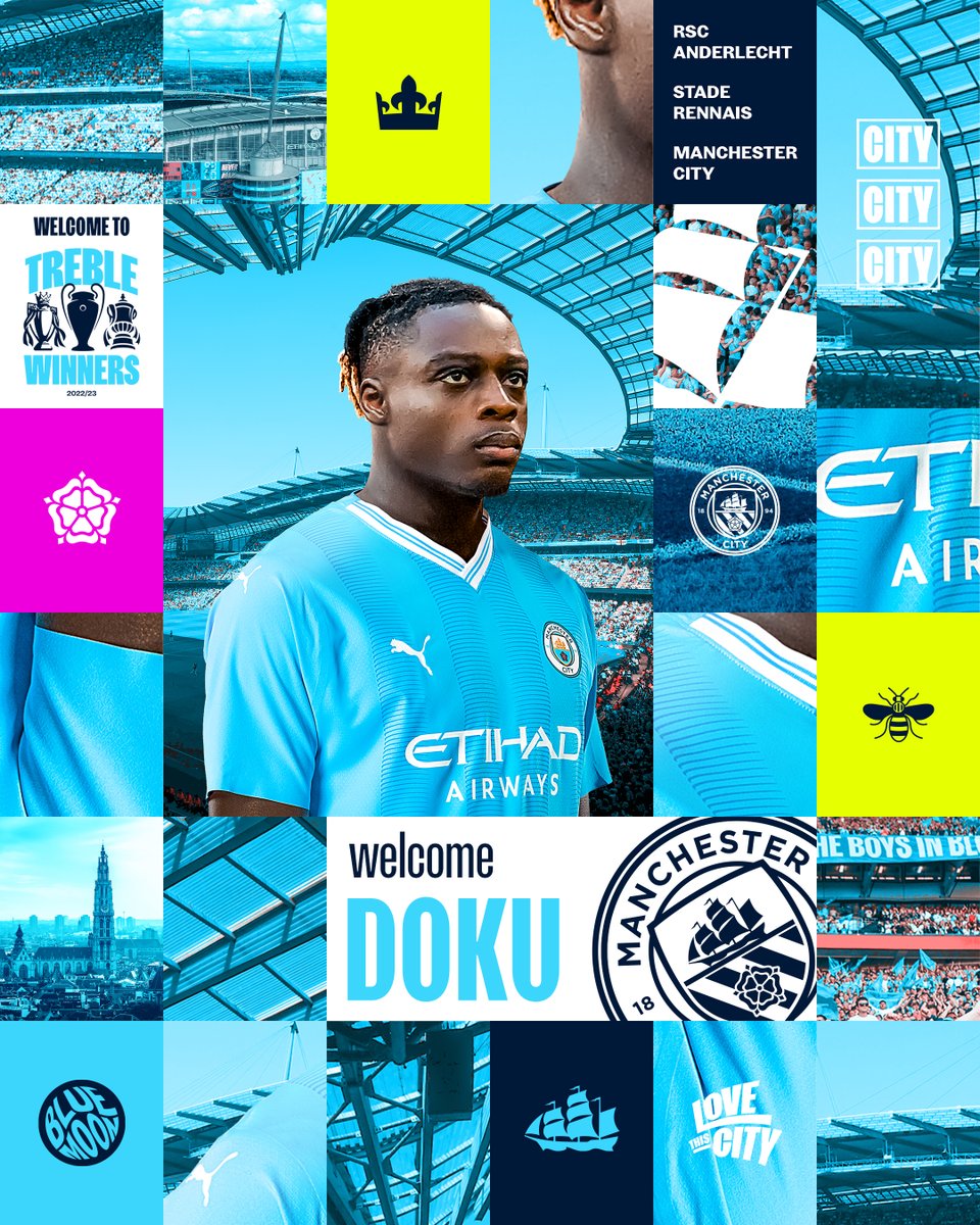 ManCity's tweet image. We're delighted to confirm the signing of @JeremyDoku ✍️🤩