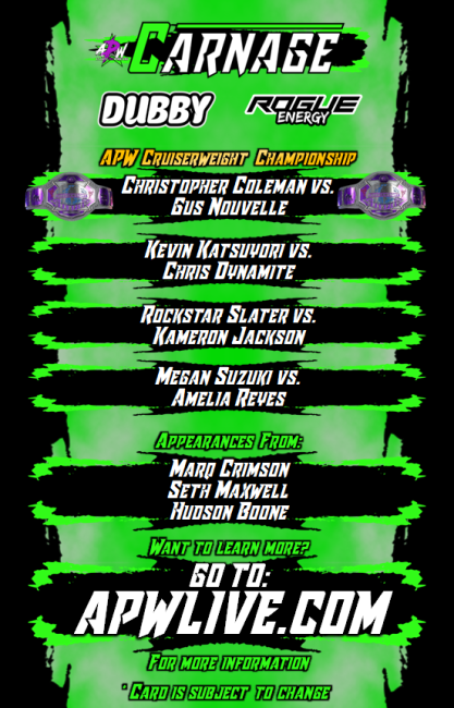 APW_Live's tweet photo. 🚨APW Carnage Episode 12!🚨

- APW Cruiserweight Championship Match!
- Marq Crimson Returns!
- Seth Maxwell speaks live!

And More!

APW Carnage streams live tonight at 6pm CST streaming only on Twitch! https://t.co/lz37o9FJsx