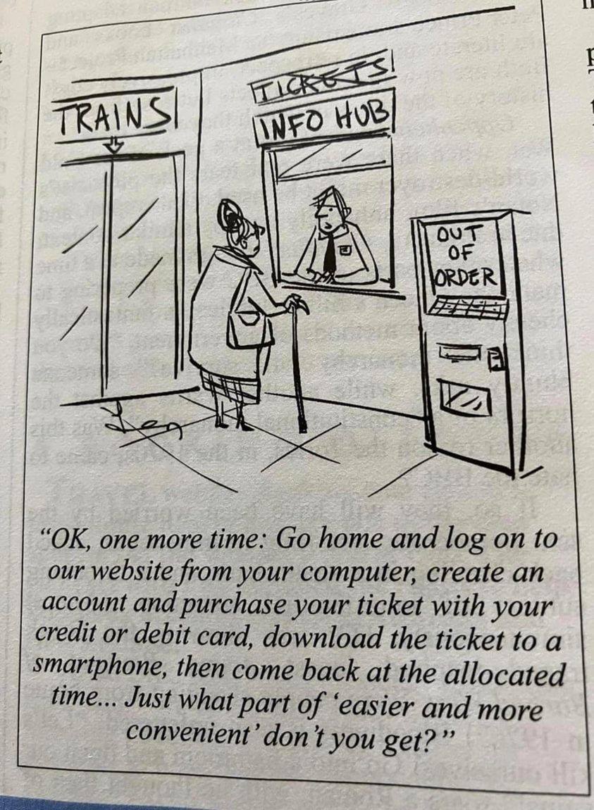 #Railways #Virgin #SWTrains #BritishRail  If you think this is a joke you are lucky ... I know people who will never be able to travel by train again if they can't purchase a real ticket from a real person... RT if you agree - keep the ticket offices OPEN