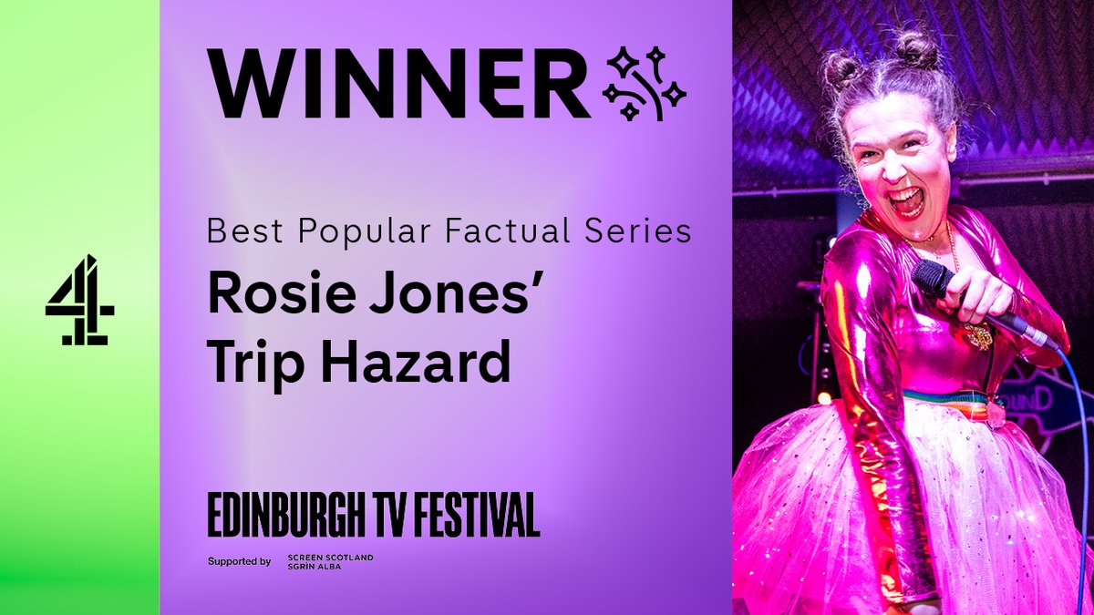 Fantastic news from @EdinburghTVFest,  Rosie Jones’ Trip Hazard has won Best Popular Factual Series at the #EdTVAwards! @josierones 🏆

Stream it on Channel 4 here: channel4.com/programmes/ros…