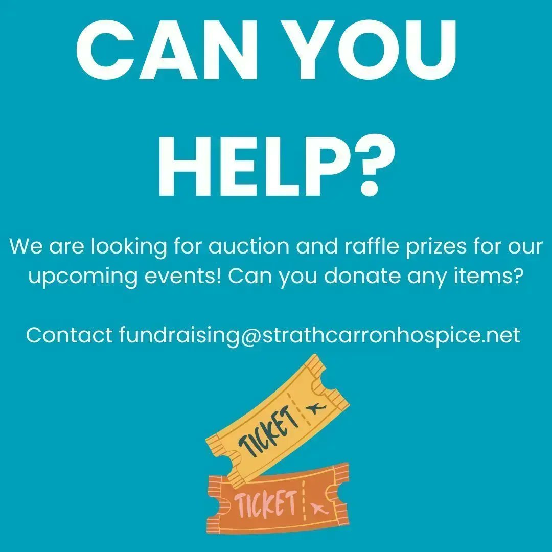 Strathcarron Hospice (@strathcarron1) on Twitter photo We are looking for raffle prizes for our upcoming events! This could be bottles of alcohol, bath/gift sets, tickets for an event, restaurant vouchers etc 🤩 please contact our fundraising team on fundraising@strathcarronhospice.net - thank you! We are looking for raffle prizes for our upcoming events! This could be bottles of alcohol, bath/gift sets, tickets for an event, restaurant vouchers etc 🤩 please contact our fundraising team on fundraising@strathcarronhospice.net - thank you!