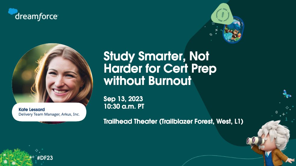 Join me at Dreamforce to learn how to Study Smarter, Not Harder! Unfortunately <a href="/RadianncePowell/">Anne Powell</a>  isn't able to be at Dreamforce this year but I'm proud to bring her session to life. Can't wait to see you all and talk Certification Prep without Burnout! #DF23  <a href="/Dreamforce/">Dreamforce</a>