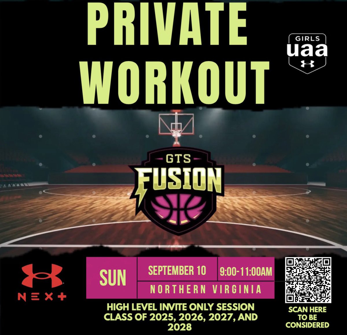 We are holding a private workout for high-level girls interested in our GUAA team. They are designed to give athletes an opp. to work directly w/our GUAA staff in a small setting on in-game skills.  

Save &amp; long press or scan the QR code to be considered for a private workout.