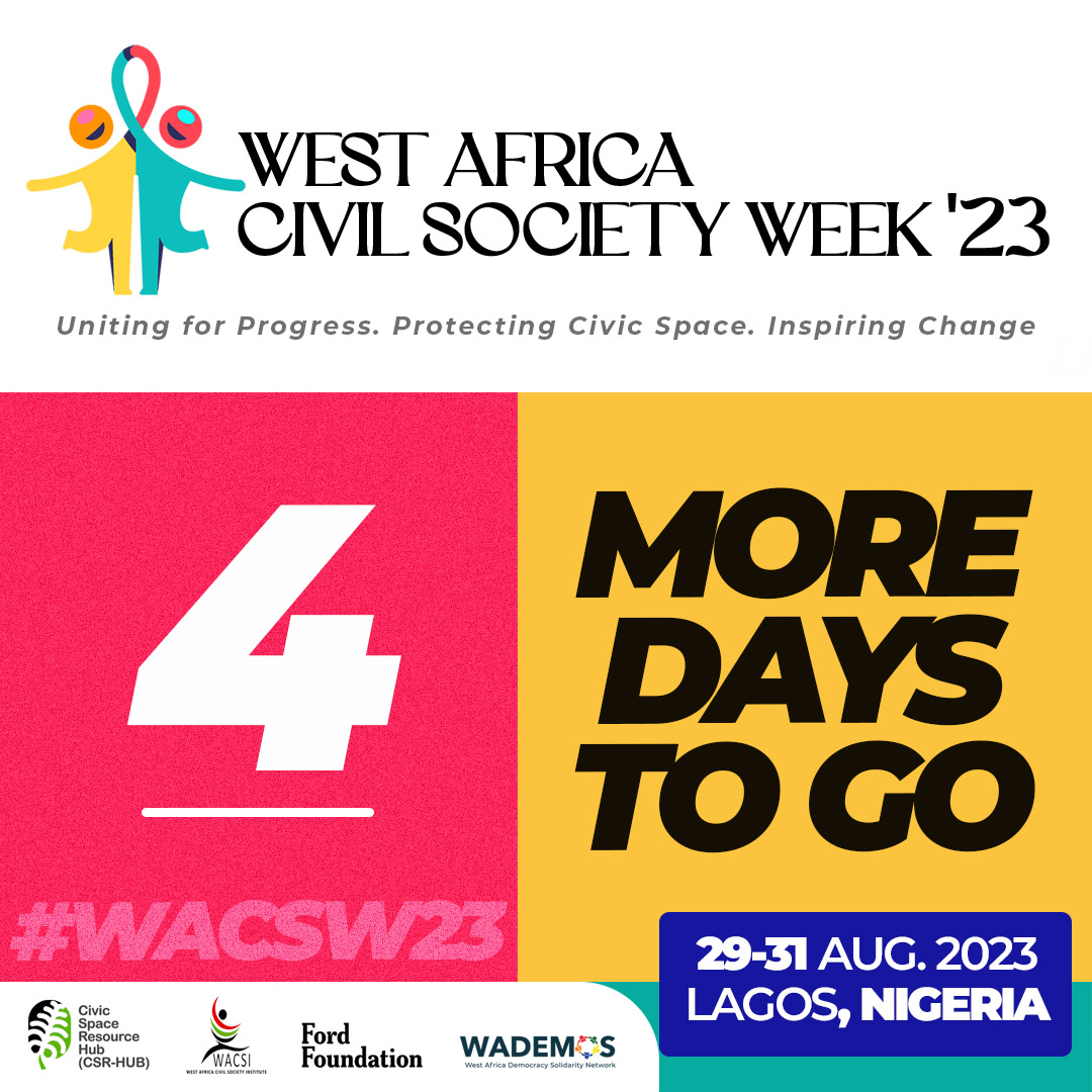csrhubWA's tweet photo. 4 𝐌𝐨𝐫𝐞 𝐃𝐚𝐲𝐬 𝐭𝐨 𝐆𝐨!

Countdown to #WACSW23

Join stakeholders from across the region to reimagine the role of the third sector in protecting civic space and consolidating democracy for regional development.

Register here to join us online🔗 https://t.co/wH6AdZi2O7 https://t.co/T4y0BJ1I2x
