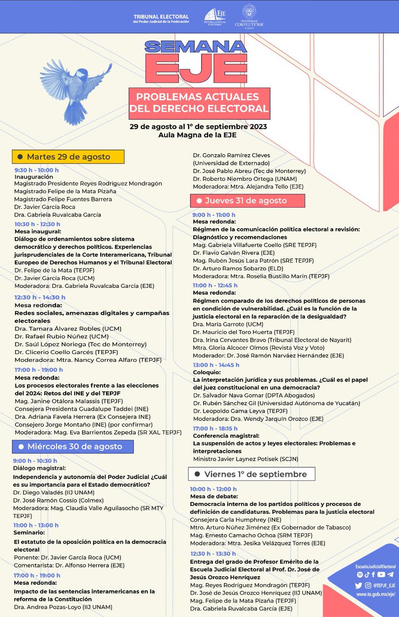 Alfonso Herrera (@jalfonsoherrera) on Twitter photo Estas son las actividades de la semana académica de <a href="/TEPJF_EJE/">Escuela Judicial Electoral</a>, que coordina con la <a href="/UniComplutense/">Complutense</a> en la #CDMX.
Su propósito es discutir cuestiones relevantes de nuestro Derecho constitucional y electoral de la mano de personas expertas. Dirigido a todo público.
Programa: Estas son las actividades de la semana académica de <a href="/TEPJF_EJE/">Escuela Judicial Electoral</a>, que coordina con la <a href="/UniComplutense/">Complutense</a> en la #CDMX.
Su propósito es discutir cuestiones relevantes de nuestro Derecho constitucional y electoral de la mano de personas expertas. Dirigido a todo público.
Programa: