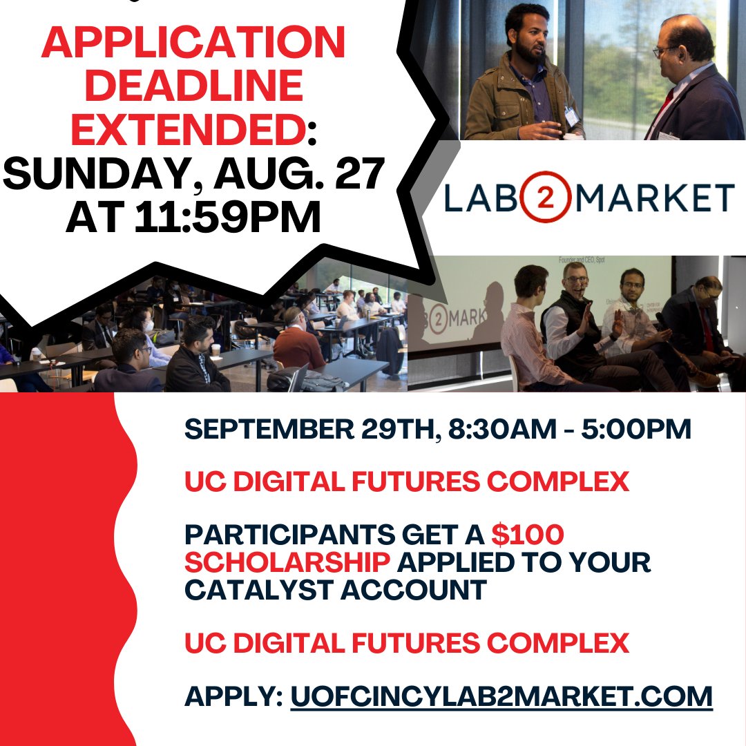 🚀 Last Call for Applications! 📢 Lab2Market Deadline Extended to Aug. 27, 11:59PM!

Ready to turn research into industry success? 🌍🔍 Join us at Lab2Market: where innovation meets opportunity. 🎓🚀 

Let's shape a brighter future together! 🌟🔬 #Lab2Market2023 #LastChance