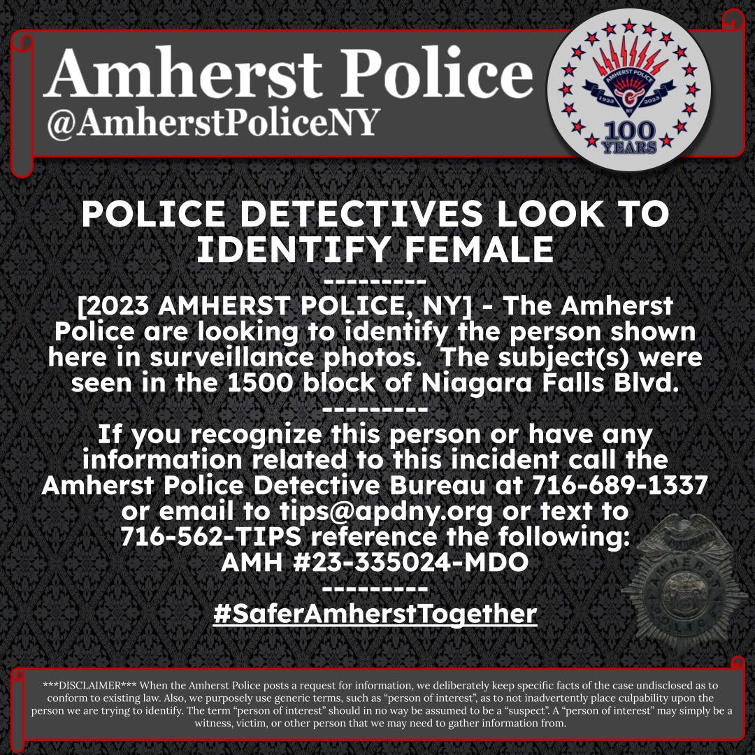 amherstpoliceny's tweet photo. [AMHERST POLICE, NY] – 𝘾𝙖𝙣 𝙔𝙊𝙐 𝙝𝙚𝙡𝙥 𝙩𝙝𝙚 𝘼𝙢𝙝𝙚𝙧𝙨𝙩 𝙋𝙤𝙡𝙞𝙘𝙚?

#SaferAmherstTogether

@wgrz @news4buffalo @wkbw @SPECNews1BUF
@thebuffalonews @wben @wbfo @wnynews @wnynewsnow @FOX29Buffalo https://t.co/1B4RUQJ39O