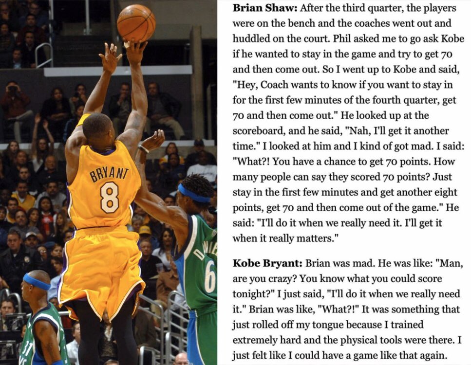 bballcore's tweet photo. 2005: Kobe had 62 pts in the first 3 quarters vs the Mavs. Phil Jackson had asst coach Brian Shaw ask Kobe if he wanted to play the 4th and try to hit 70. Kobe replied, "Nah, I'll get it another time" & sat the rest of the game. 

A month later he dropped 81. 😤