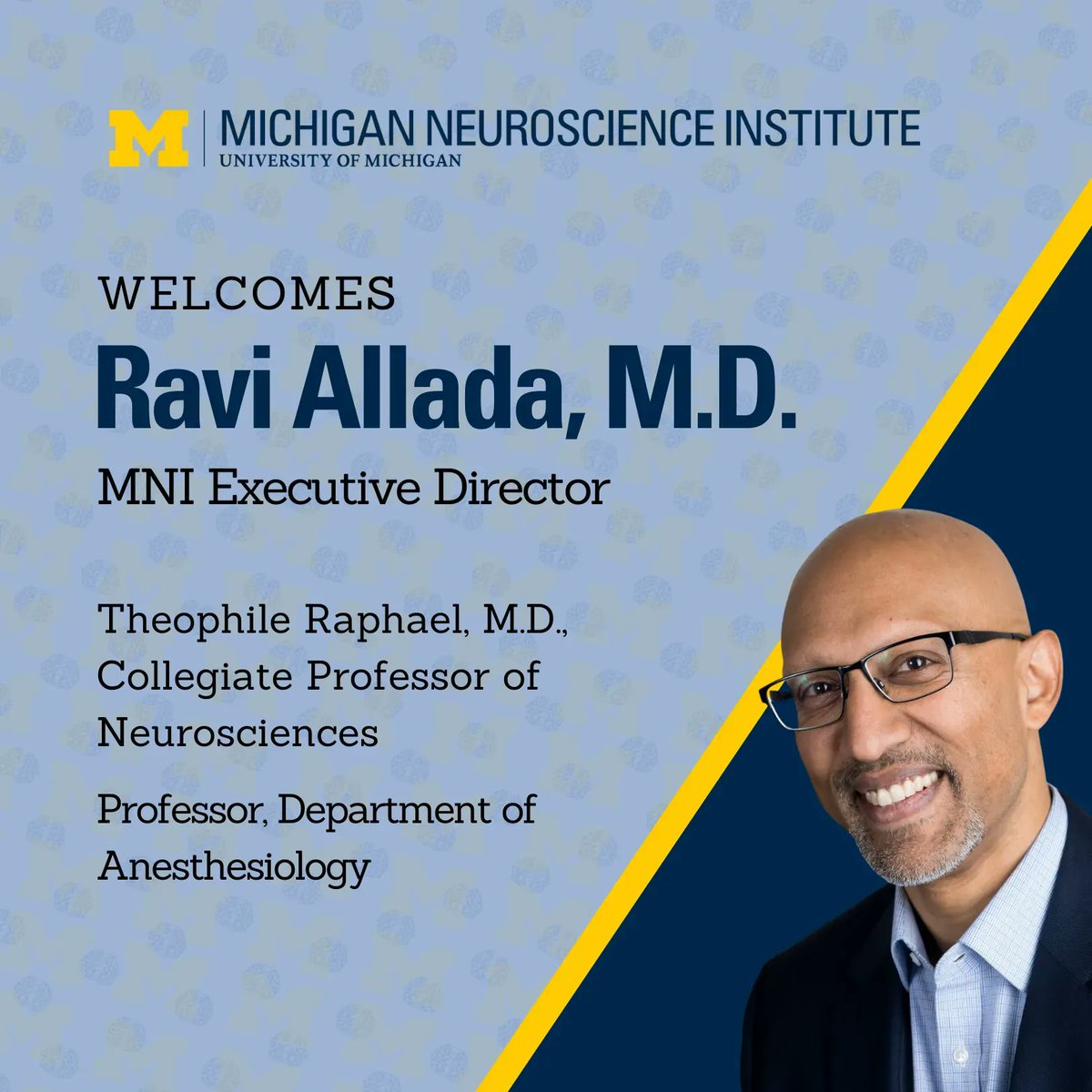 Michigan Neuroscience Institute (MNI) 〽️🧠 (@um_mni) on Twitter photo On September 1, we welcome MNI's new Executive Director, Ravi Allada, M.D. (<a href="/AlladaSleep/">Ravi Allada</a>). Dr. Allada will lead the charge to connect U-M researchers from across campus to explore the brain on a cellular, molecular, and behavioral level. @umich <a href="/umichmedicine/">Michigan Medicine</a> #neuroscience 🧵 On September 1, we welcome MNI's new Executive Director, Ravi Allada, M.D. (<a href="/AlladaSleep/">Ravi Allada</a>). Dr. Allada will lead the charge to connect U-M researchers from across campus to explore the brain on a cellular, molecular, and behavioral level. @umich <a href="/umichmedicine/">Michigan Medicine</a> #neuroscience 🧵
