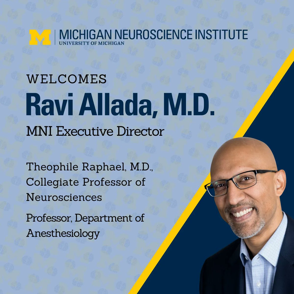 On September 1, we welcome MNI's new Executive Director, Ravi Allada, M.D. (@AlladaSleep). Dr. Allada will lead the charge to connect U-M researchers from across campus to explore the brain on a cellular, molecular, and behavioral level. @umich @umichmedicine #neuroscience 🧵