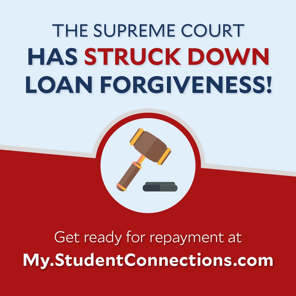 StuConnections's tweet photo. On June 30, 2023, the Supreme Court struck down one-time student loan cancellation based on income. The ruling doesn’t affect pre-existing loan forgiveness programs like PSLF. Student loan payments will restart in October 2023. Get ready at https://t.co/JyWwHWUdrH. https://t.co/R5PlYqw5CB