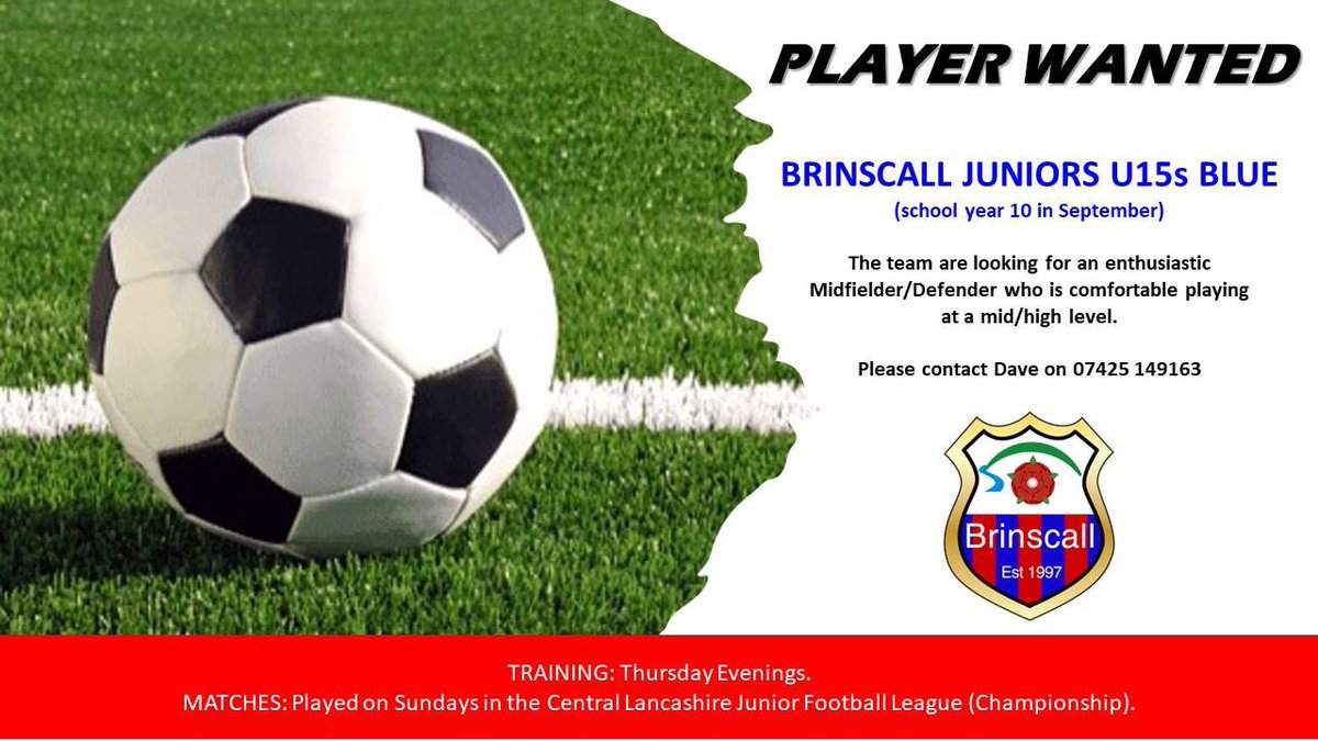 brinscallvjfc's tweet photo. Our U15 Blues are looking for a midfielder/defender to complete their squad ⚽️ https://t.co/G8vRZ4jN4F