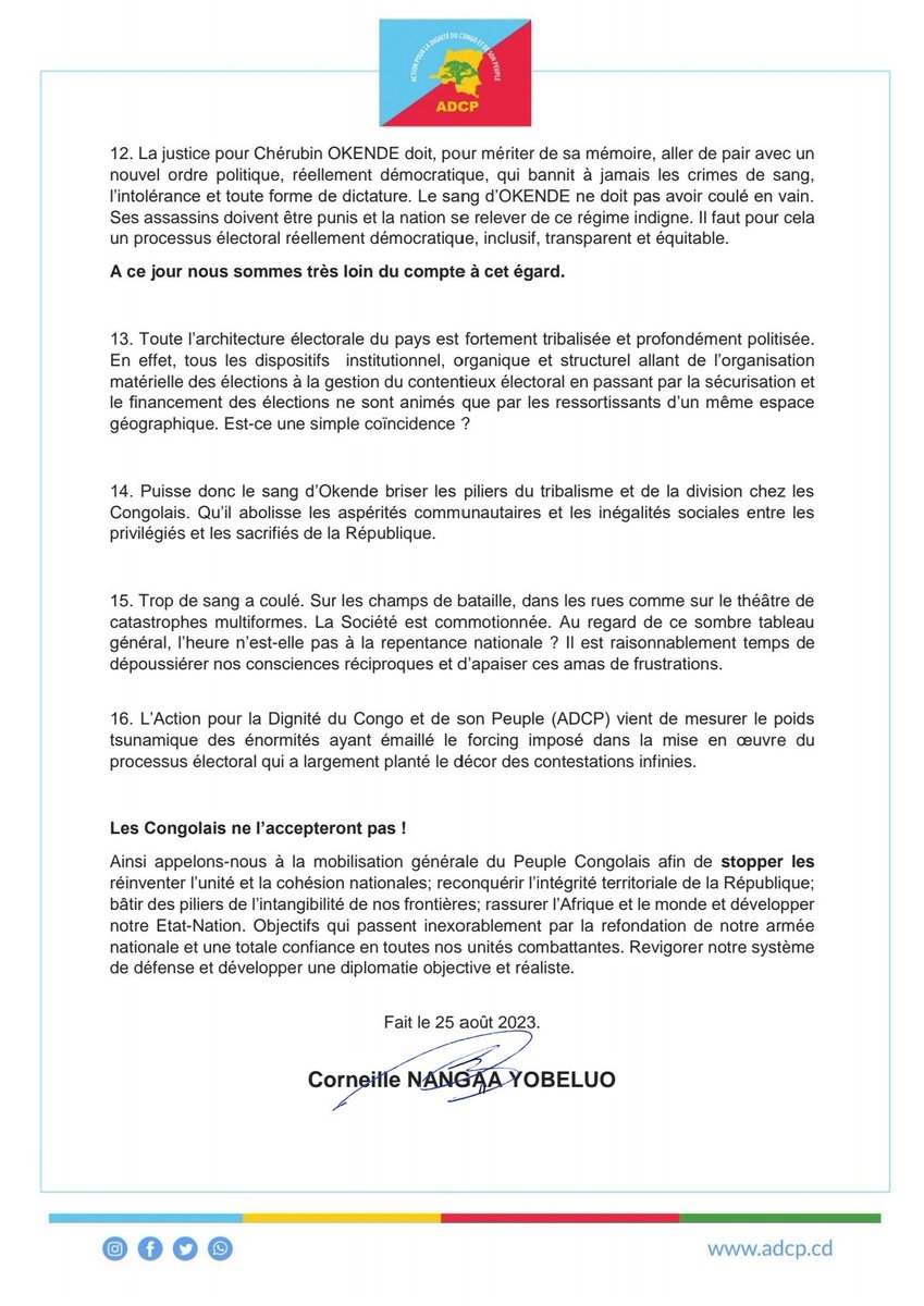 CNangaa's tweet photo. #RDC La justice pour Chérubin OKENDE doit aller de pair avec un nouvel ordre politique, réellement démocratique, qui bannit à jamais les crimes de sang, l’intolérance et toutes les étrangetés de dictature. Le sang d’OKENDE ne doit pas avoir coulé en vain. Ses assassins doivent être punis et la nation se relever de ce régime indigne. Il faut pour cela un processus électoral réellement démocratique, inclusif, transparent et équitable. Aller aux élections sous la soucoupe USN, c’est précipiter le pays dans un effondrement catastrophique. La RDC en danger nous appelle à sa délivrance. Inutile d’aller par 4 chemins : Il faut bouter le régime Tshisekedi, le dégommer pour l’intérêt de la République.
