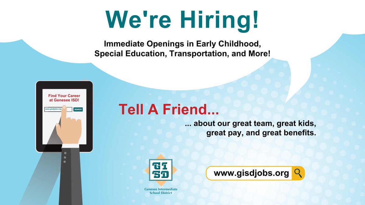 We're hiring a variety of positions from teachers and para-educators, to transportation and janitorial staff. Join our great team, while earning a great salary &amp; benefits. Visit gisdjobs.org for a complete listing of all available positions. 

#WeAreHiring #GeneseeISD