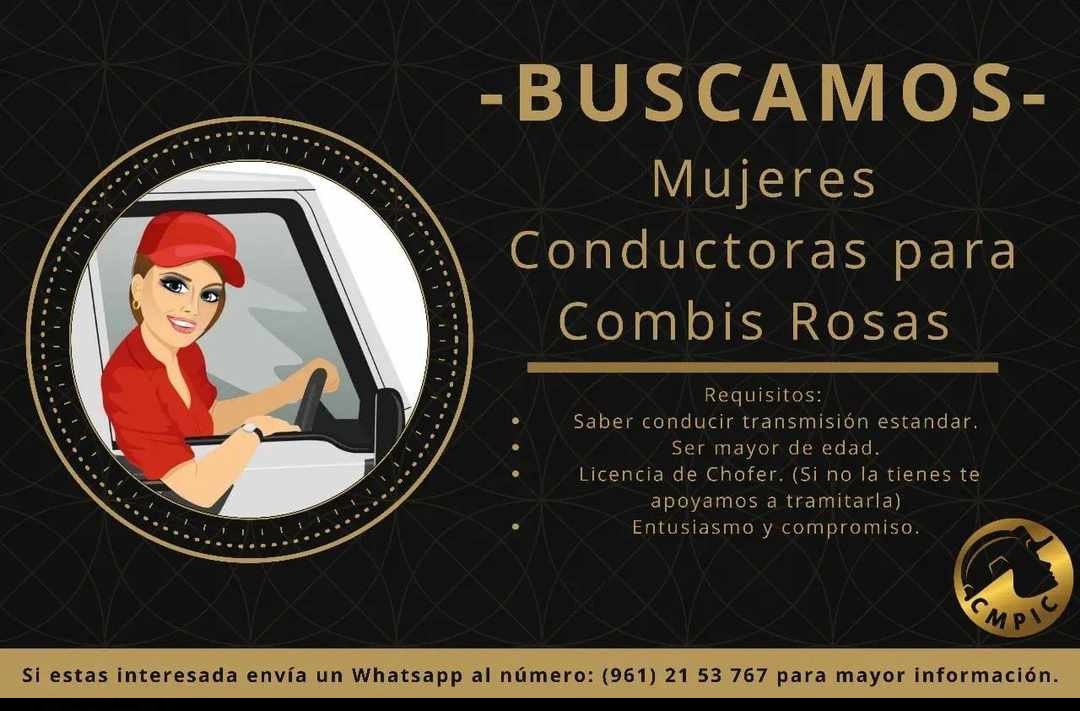 Alejand40735354's tweet photo. -TE BUSCAMOS- 

Mujeres Conductoras para Combis Rosas en Tuxtla Gutiérrez, Chiapas ...

Si estas interesada envia un Whatsapp al número: (961) 21 53 767 para mayor información. https://t.co/5PUj9Eo4LI
